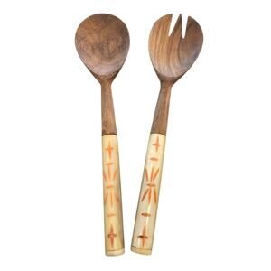 Vintage Mid Century Salad Server Set Fork Spoon Wooden Carved Handle